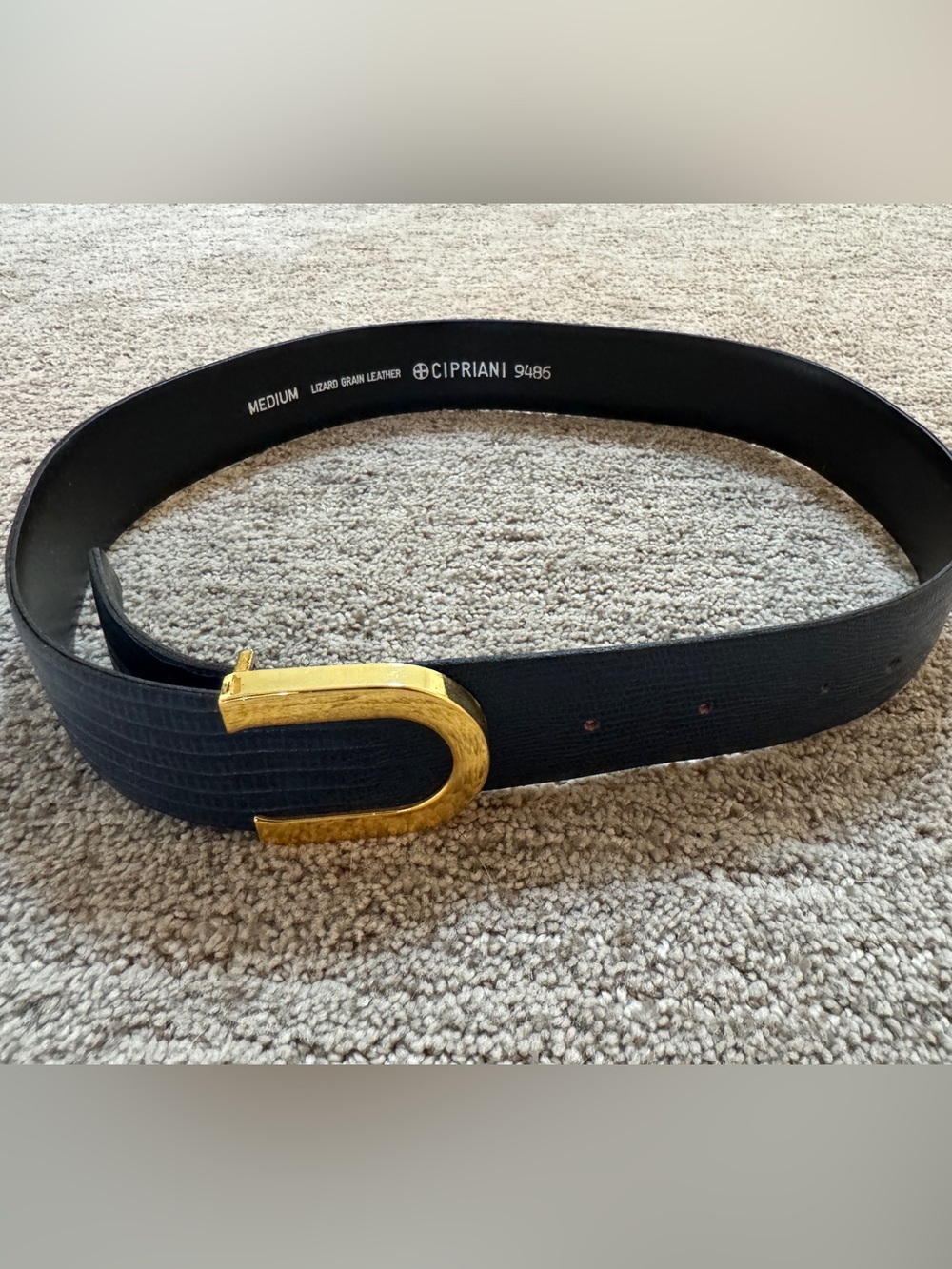 Vintage Cipriani Navy Lizard Leather Belt with Gold Horseshoe Buckle Med